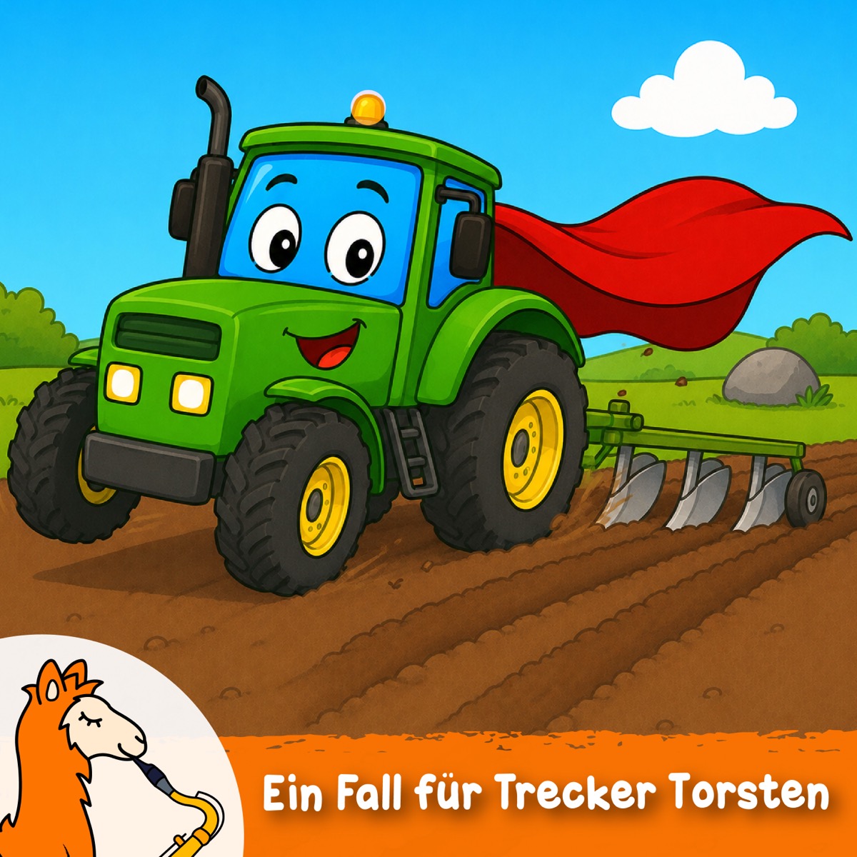 Ein grüner Traktor mit rotem Superheldenumhang
